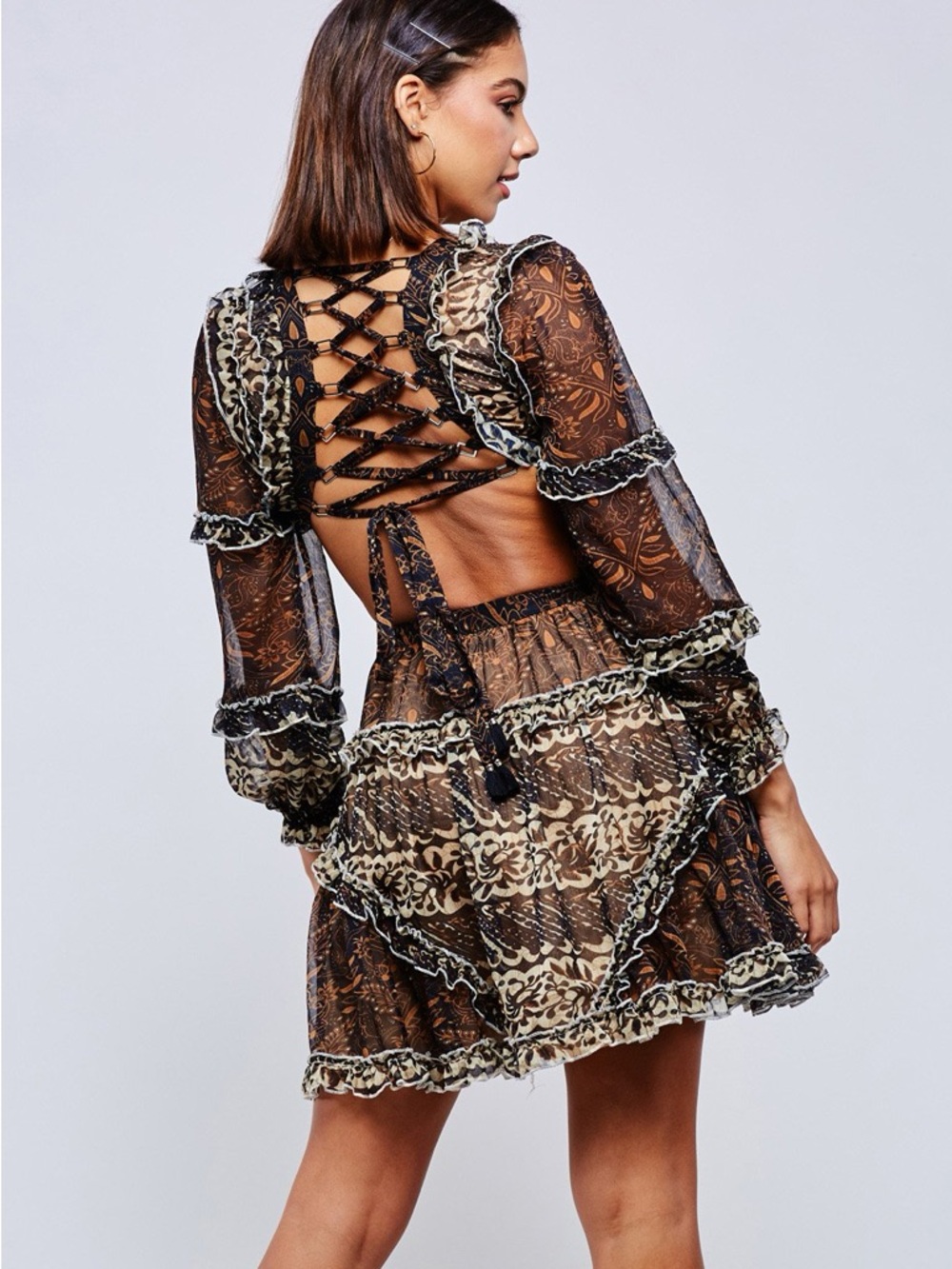 Boho Ruffle Cutout Mini Dress Long Sleeve Brown Printed Dress (Multiple sizes)